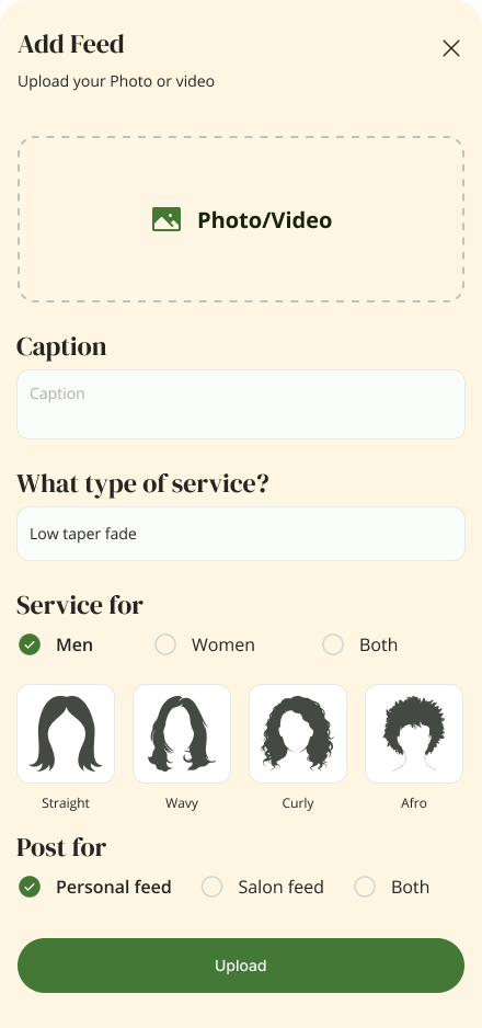 Barber uploads to Add Feed — the post says ‘Low taper fade’.